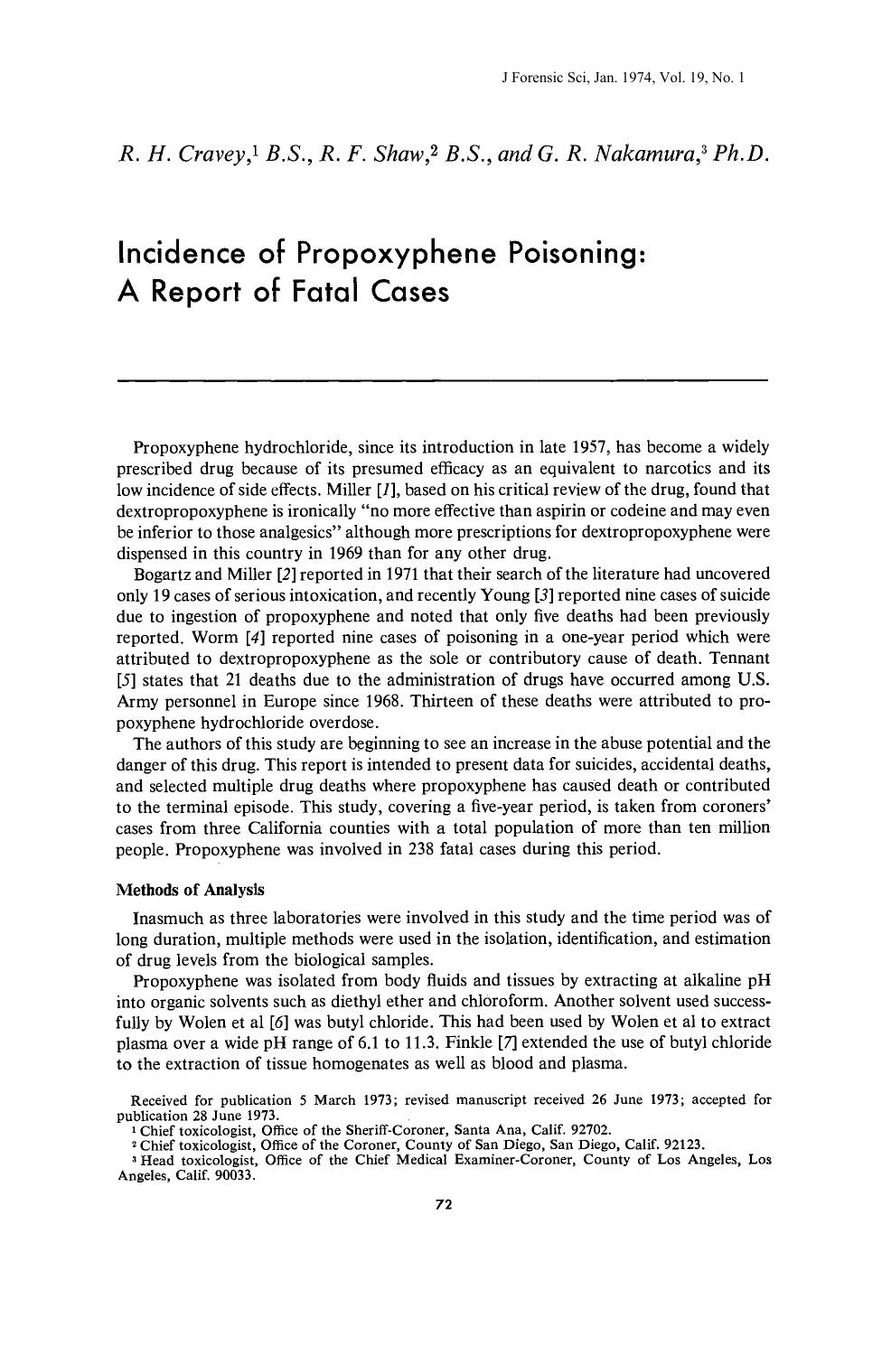 Incidence of Propoxyphene Poisoning: A Report of Fatal Cases by Cravey RH Shaw RF Nakamura GR