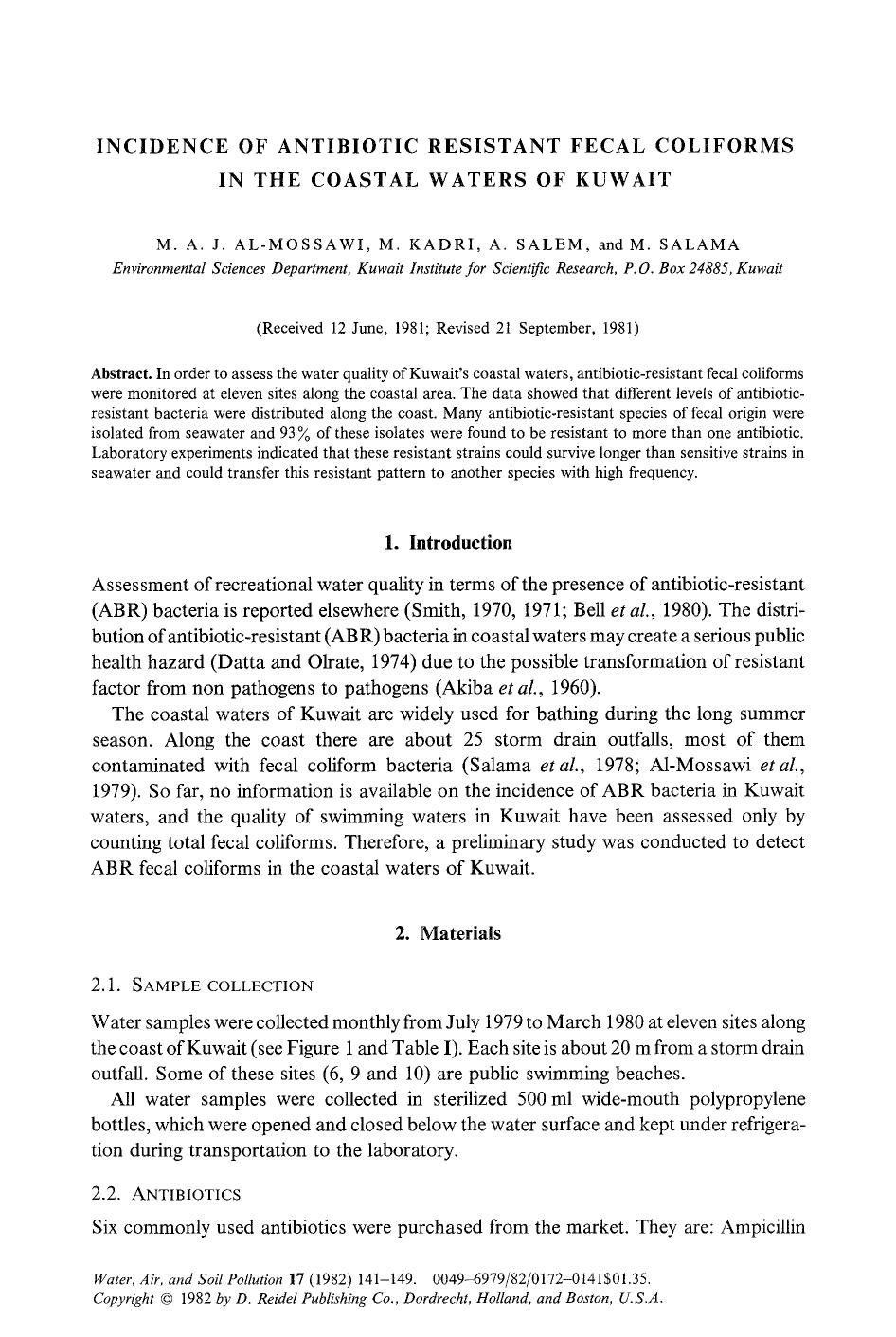 Incidence of antibiotic resistant fecal coliforms in the coastal waters of Kuwait by Unknown