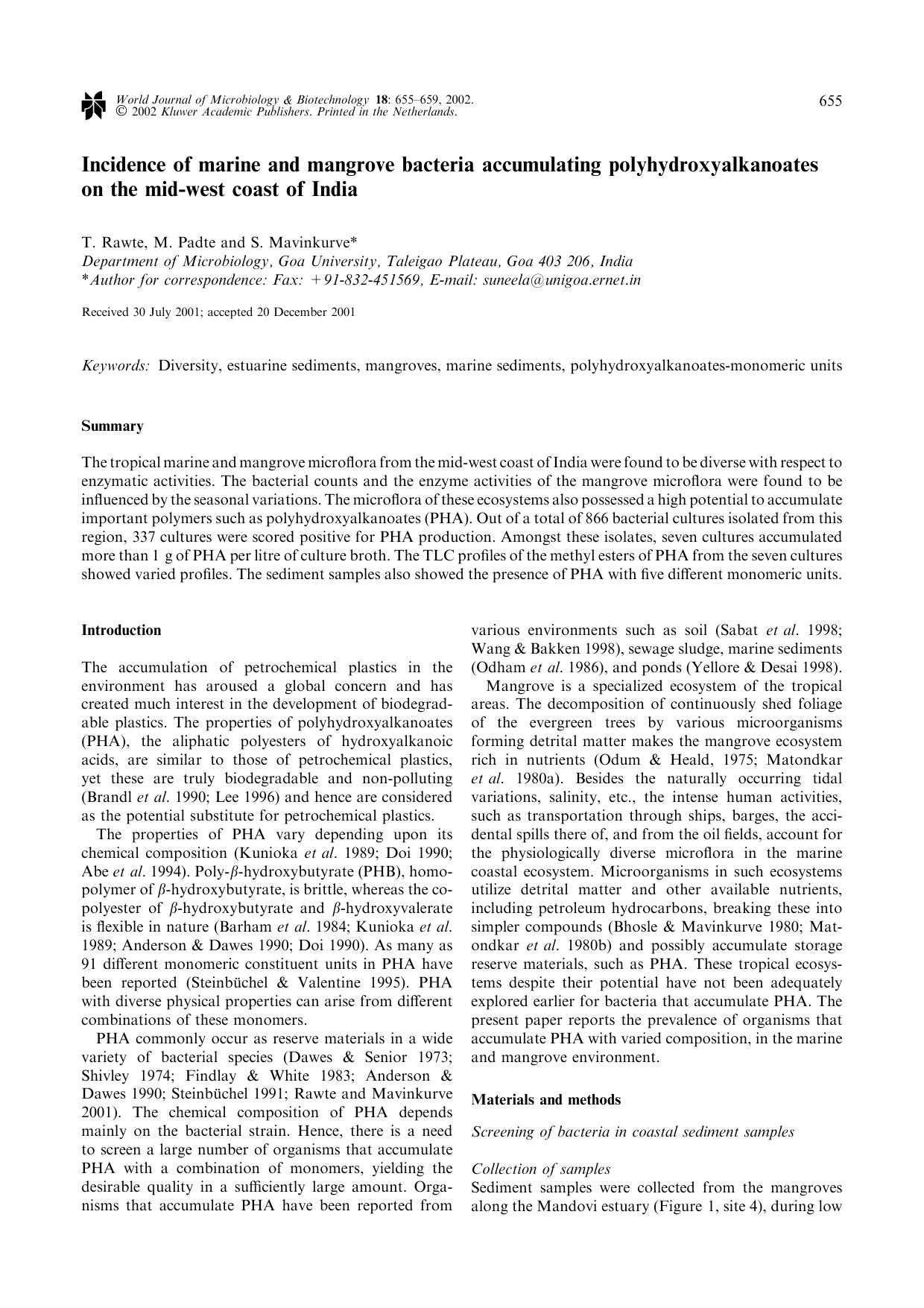 Incidence of marine and mangrove bacteria accumulating polyhydroxyalkanoates on the mid-west coast of India by Unknown