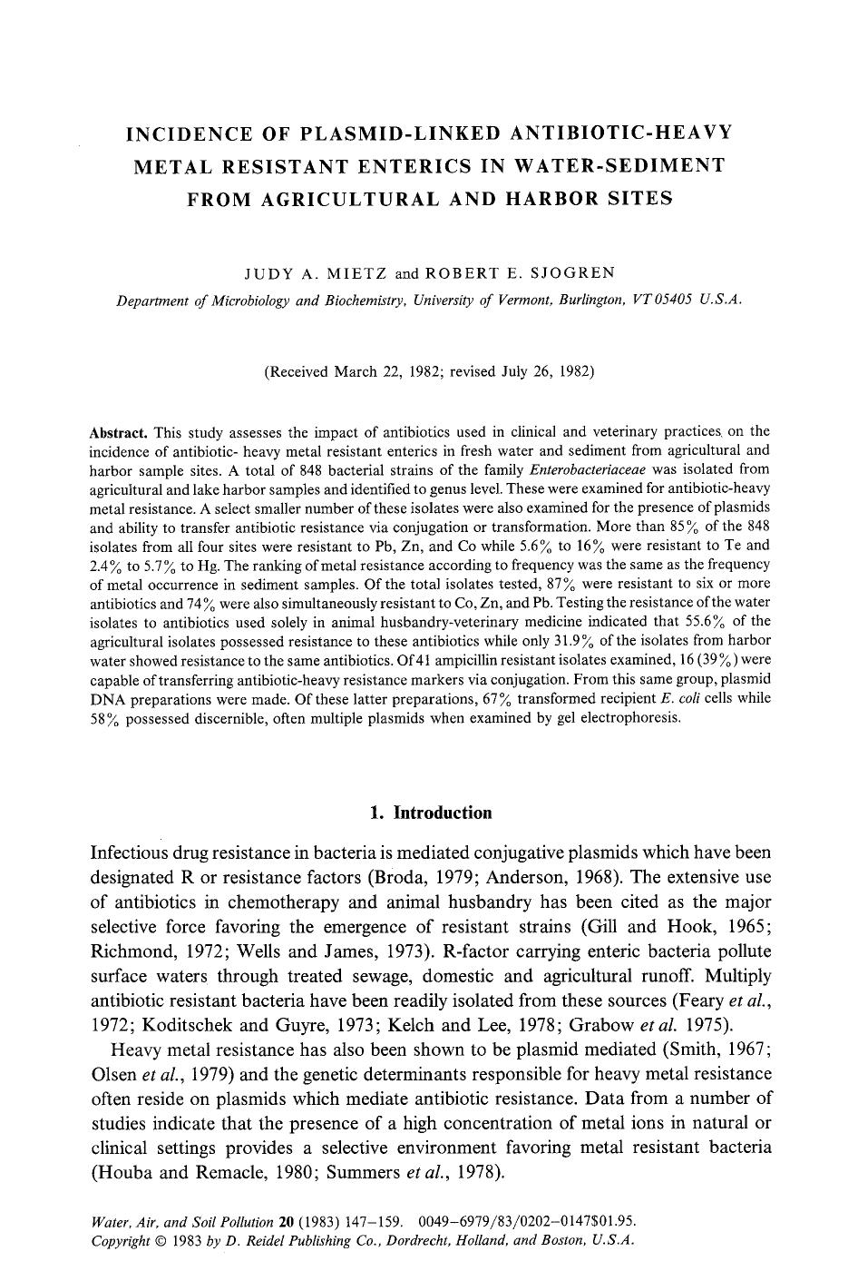 Incidence of plasmid-linked antibiotic-heavy metal resistant enterics in water-sediment from agricultural and harbor sites by Unknown