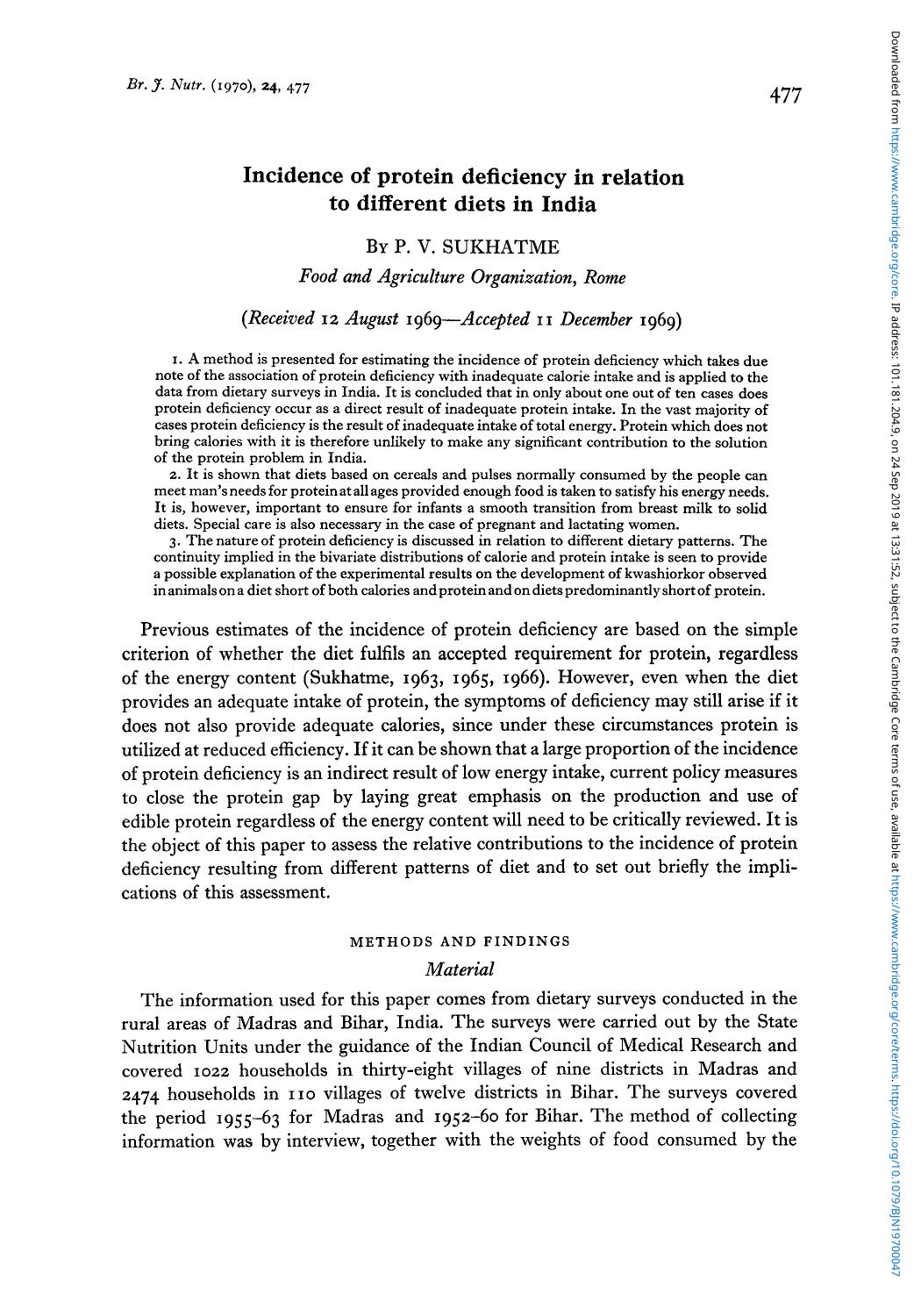 Incidence of protein deficiency in relation to different diets in India by P. V. Sukhatme