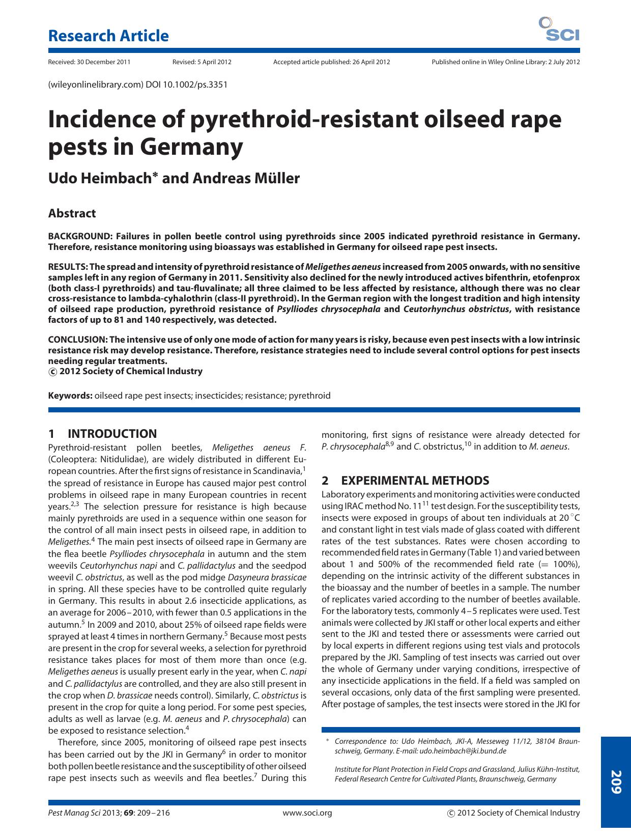 Incidence of pyrethroidresistant oilseed rape pests in Germany by Unknown