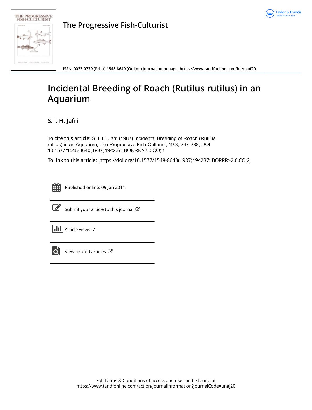 Incidental Breeding of Roach (Rutilus rutilus) in an Aquarium by S. I. H. JAFRI
