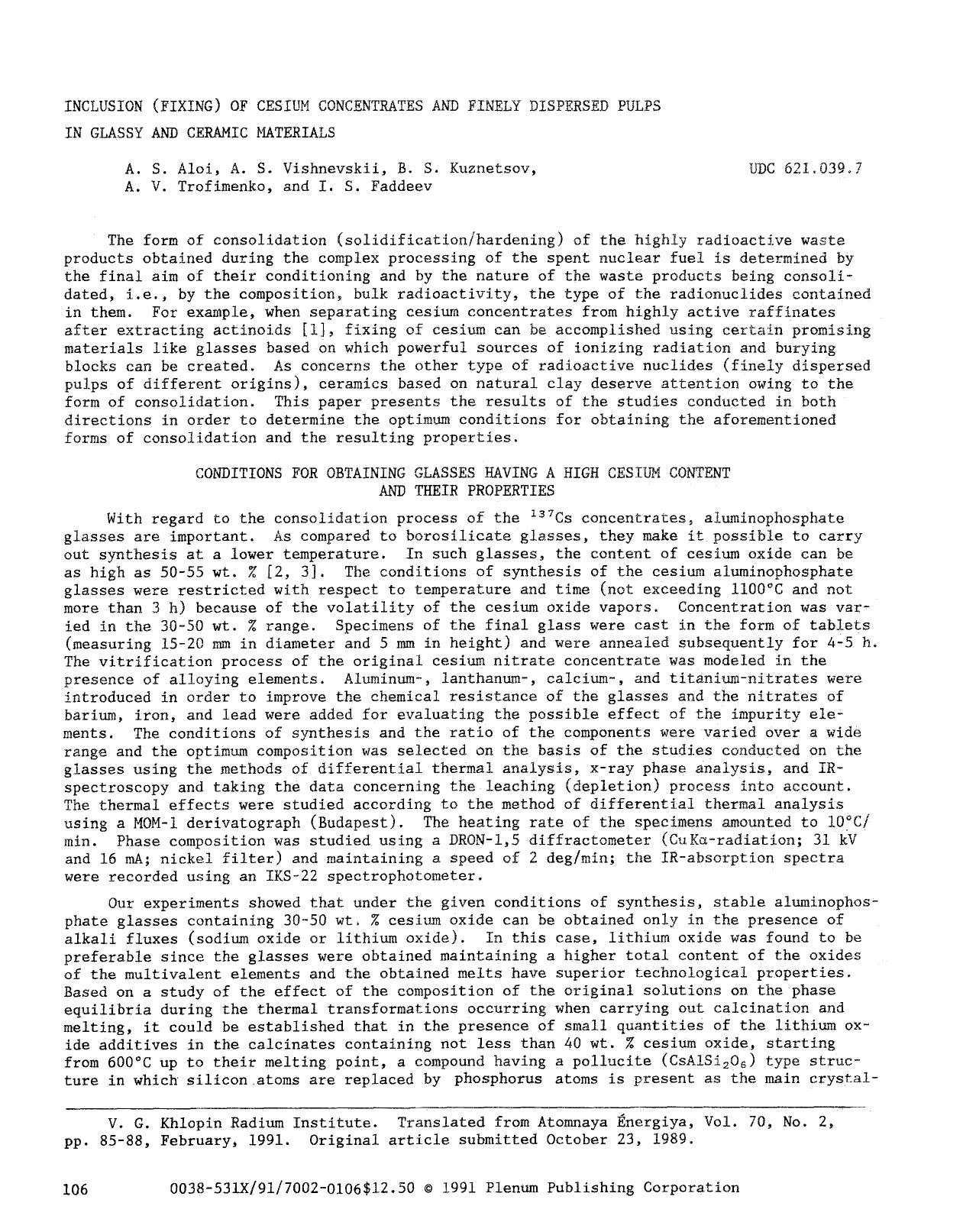 Inclusion (fixing) of cesium concentrates and finely dispersed pulps in glassy and ceramic materials by Unknown