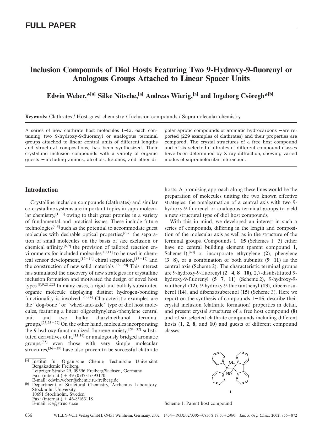 Inclusion Compounds of Diol Hosts Featuring Two 9-Hydroxy-9-fluorenyl or Analogous Groups Attached to Linear Spacer Units by Unknown