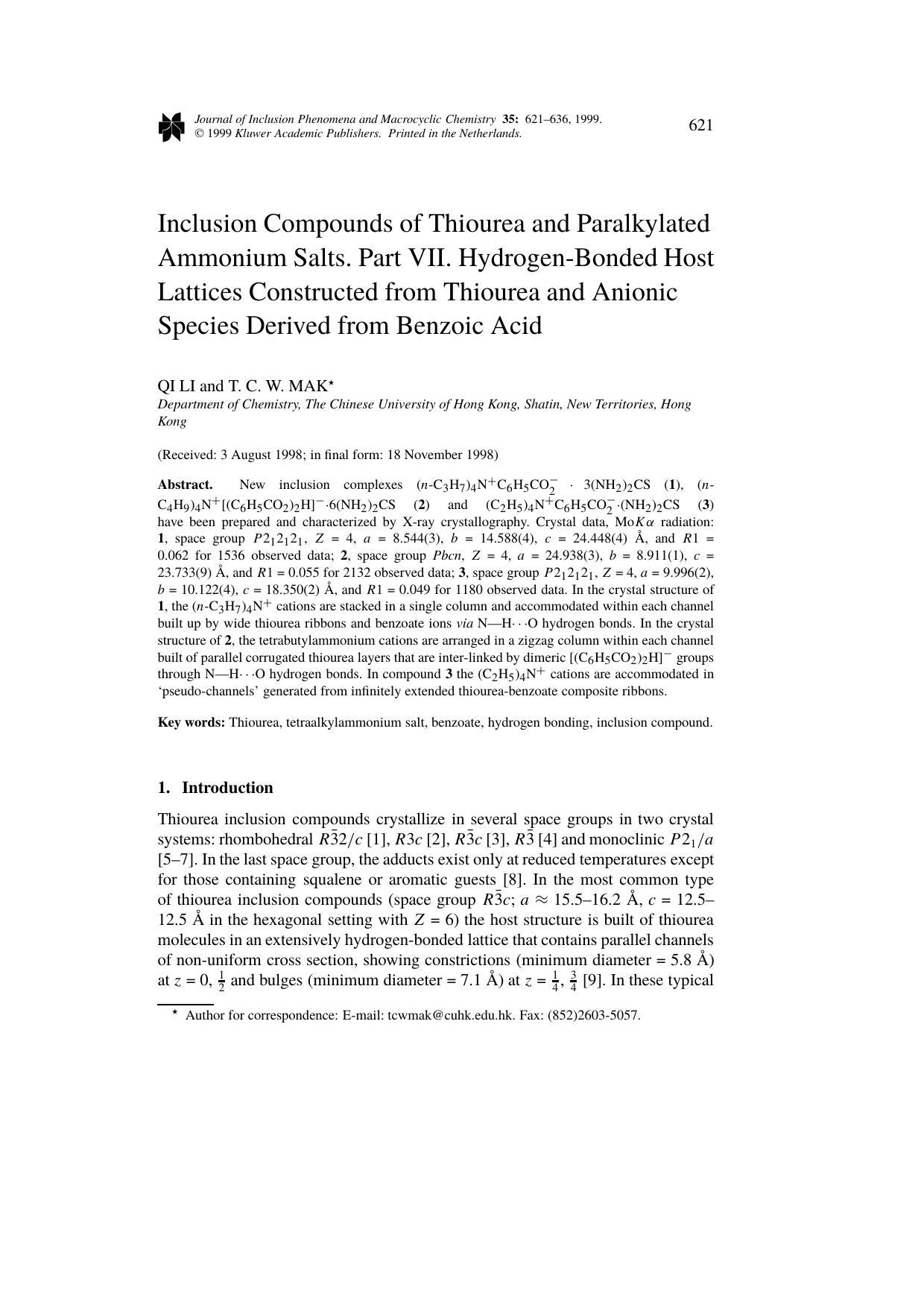 Inclusion Compounds of Thiourea and Paralkylated Ammonium Salts. Part VII. Hydrogen-Bonded Host Lattices Constructed from Thiourea and Anionic Species Derived from Benzoic Acid by Unknown