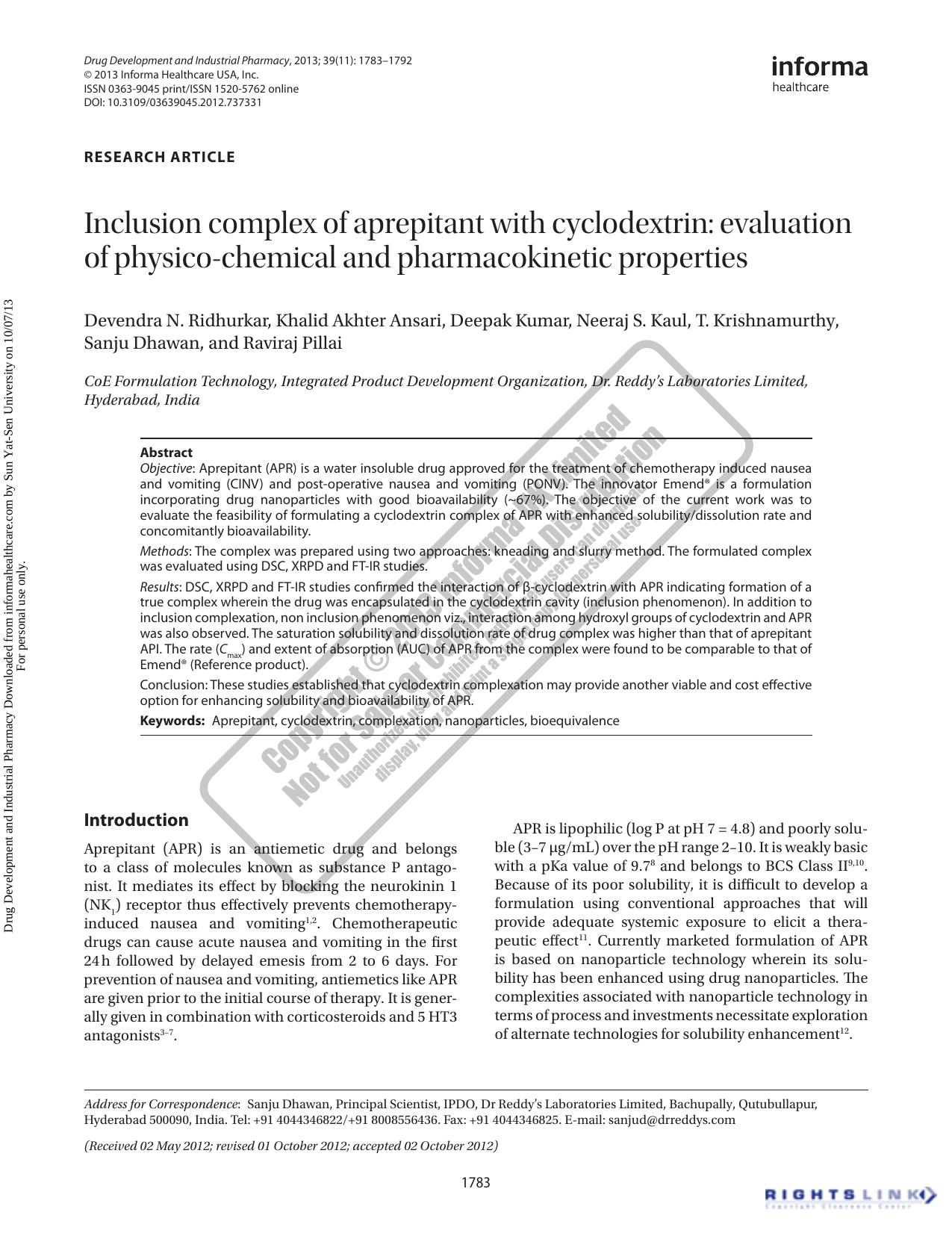 Inclusion complex of aprepitant with cyclodextrin: evaluation of physico-chemical and pharmacokinetic properties by unknow