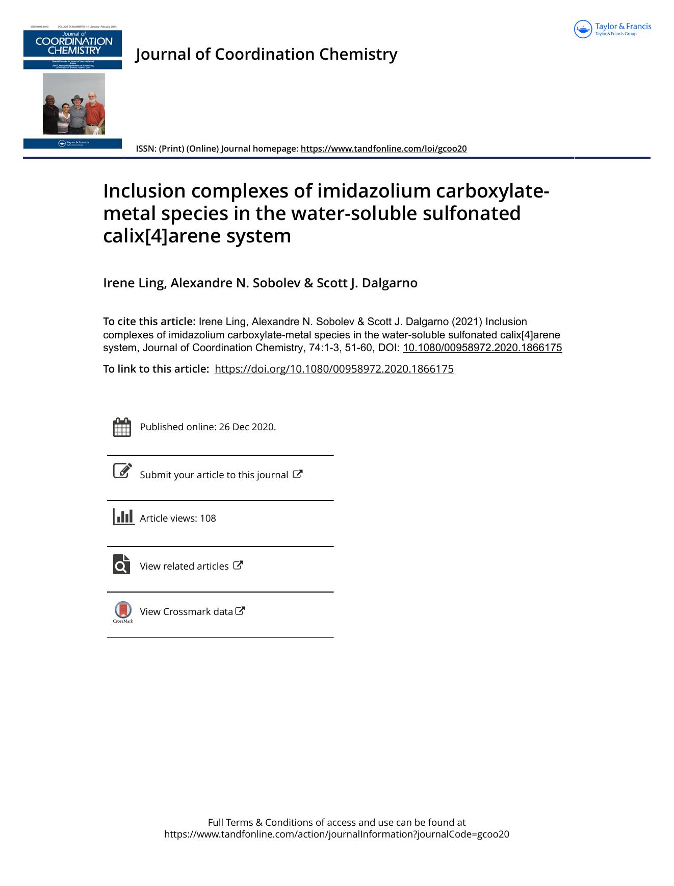 Inclusion complexes of imidazolium carboxylate-metal species in the water-soluble sulfonated calix[4]arene system by Ling Irene & Sobolev Alexandre N. & Dalgarno Scott J