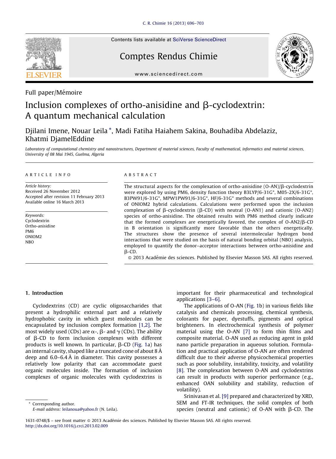 Inclusion complexes of ortho-anisidine and Î²-cyclodextrin: A quantum mechanical calculation by Djilani Imene