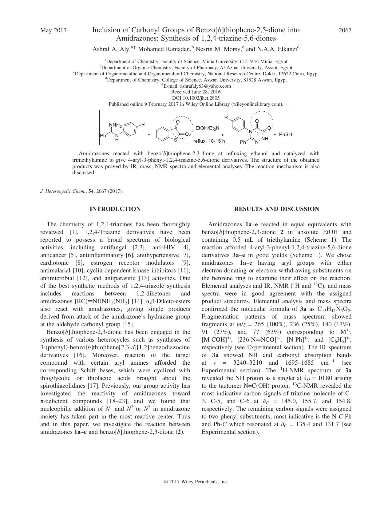 Inclusion of Carbonyl Groups of Benzo[b]thiophene-2,5-dione into Amidrazones: Synthesis of 1,2,4-triazine-5,6-diones by Ashraf A. Aly Mohamed Ramadan Nesrin M. Morsy N.A.A. Elkanzi