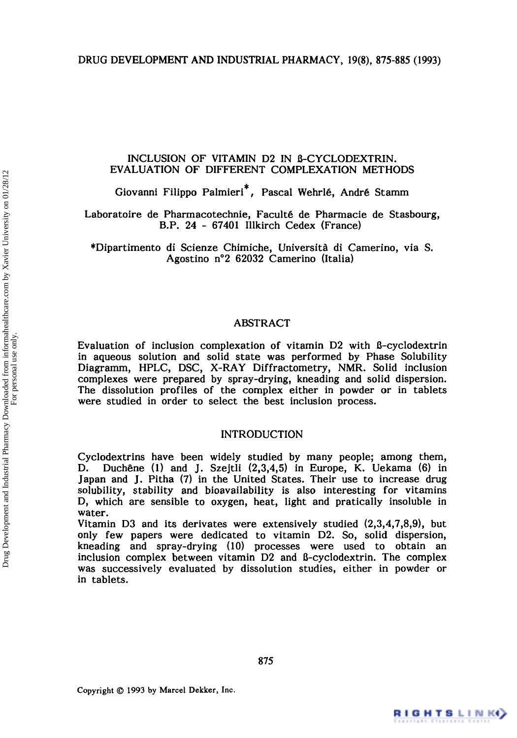 Inclusion of Vitamin D2 in Î²-Cyclodextrin. Evaluation of Different Complexation Methods by Giovanni Filippo Palmieri Pascal Wehrlé & Andre Stamm