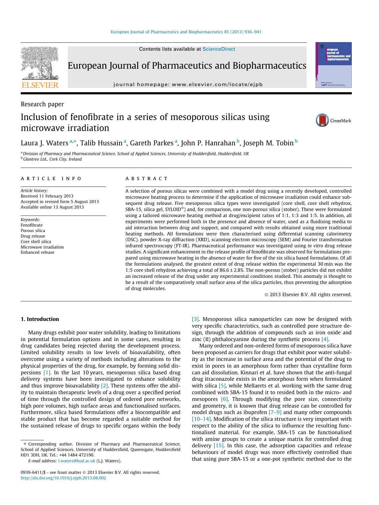 Inclusion of fenofibrate in a series of mesoporous silicas using microwave irradiation by Laura J. Waters & Talib Hussain & Gareth Parkes & John P. Hanrahan & Joseph M. Tobin
