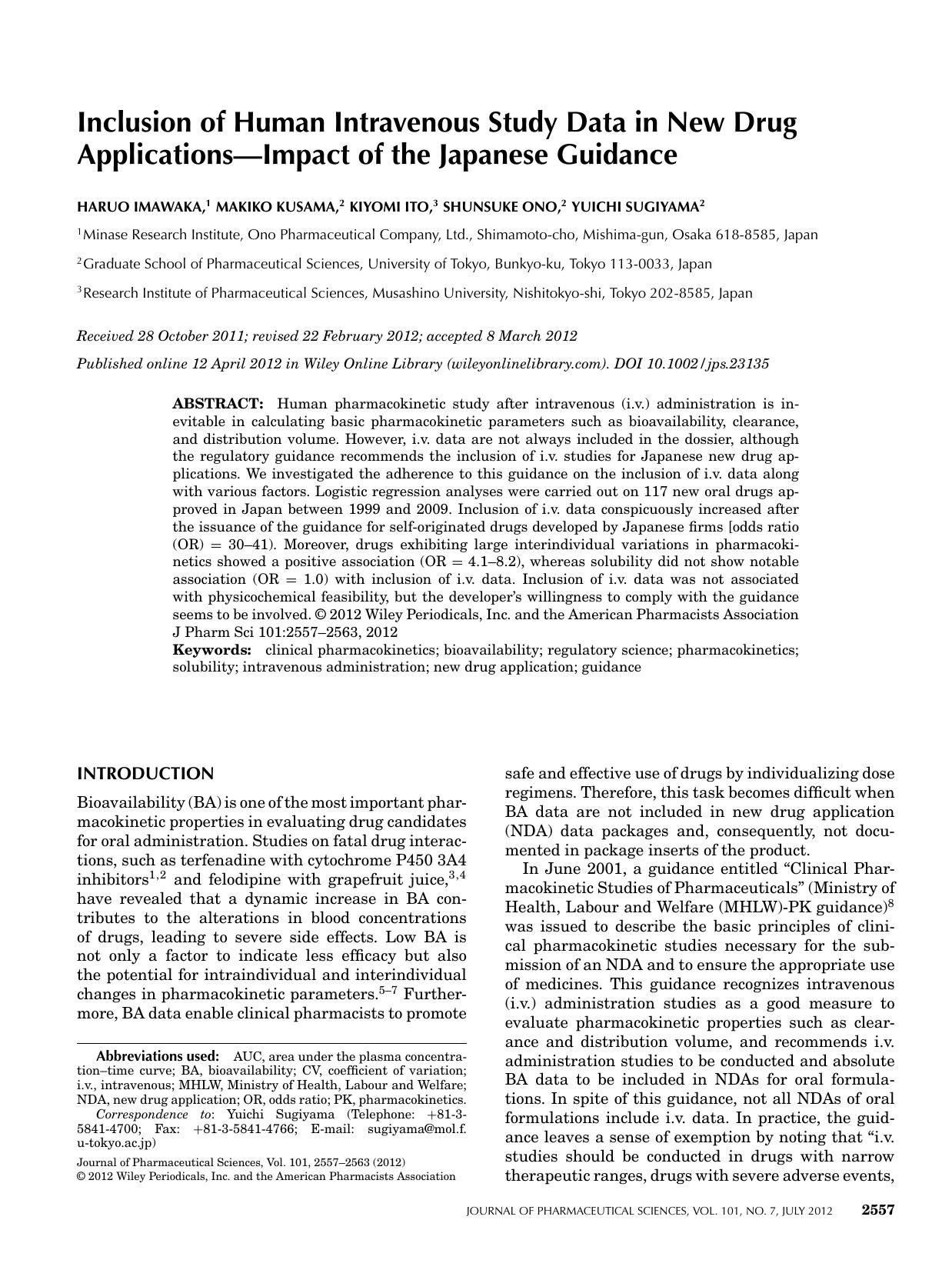 Inclusion of human intravenous study data in new drug applicationsimpact of the japanese guidance by Unknown