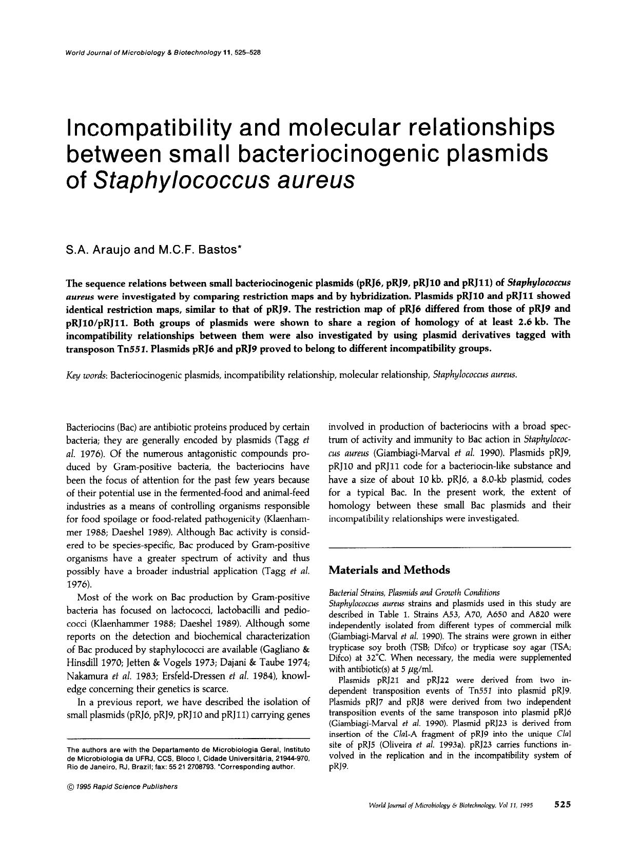 Incompatibility and molecular relationships between small bacteriocinogenic plasmids of <Emphasis Type="Italic">Staphylococcus aureus<Emphasis> by Unknown