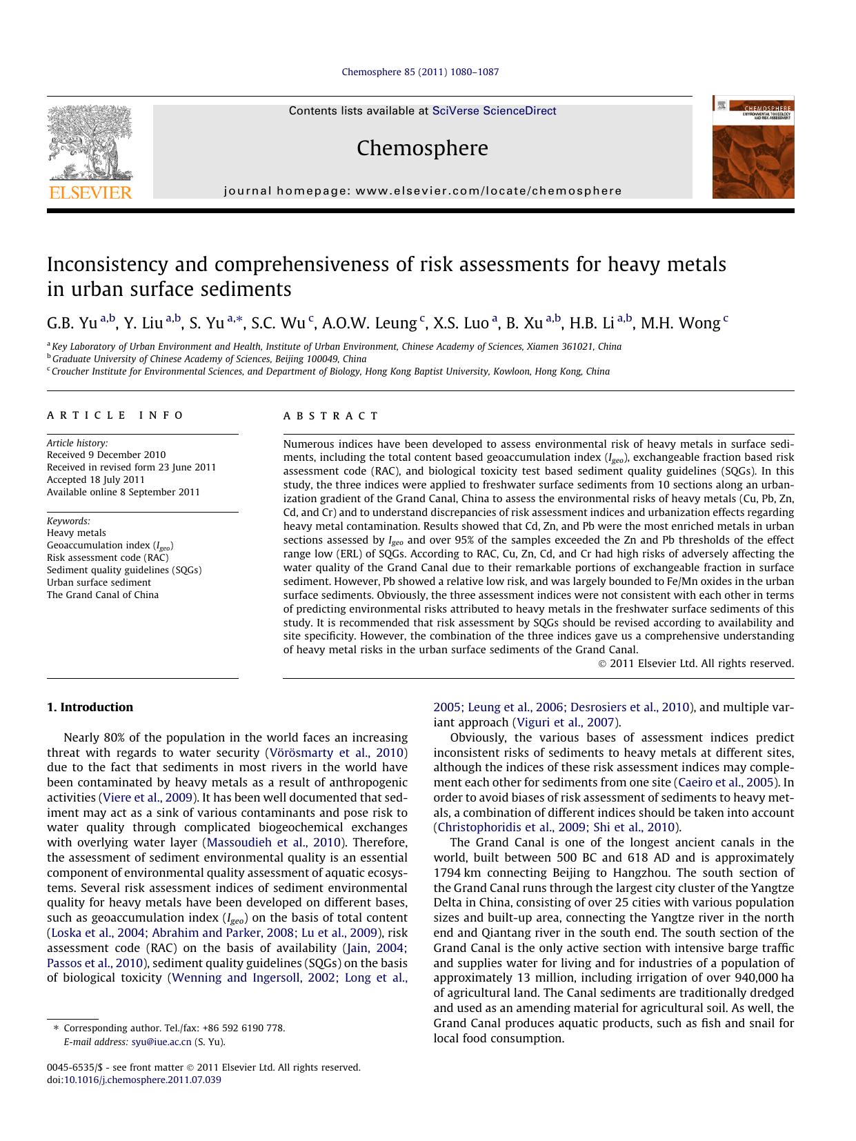 Inconsistency and comprehensiveness of risk assessments for heavy metals in urban surface sediments by G.B. Yu & Y. Liu & S. Yu & S.C. Wu & A.O.W. Leung & X.S. Luo & B. Xu & H.B. Li & M.H. Wong
