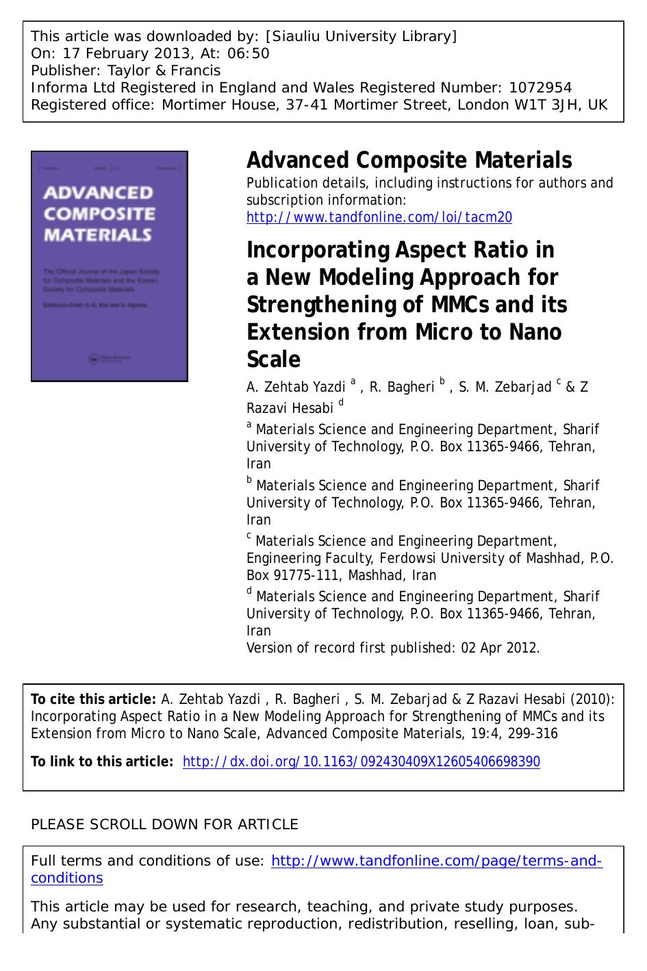 Incorporating Aspect Ratio in a New Modeling Approach for Strengthening of MMCs and its Extension from Micro to Nano Scale by A. Zehtab Yazdi R. Bagheri S. M. Zebarjad & Z Razavi Hesabi