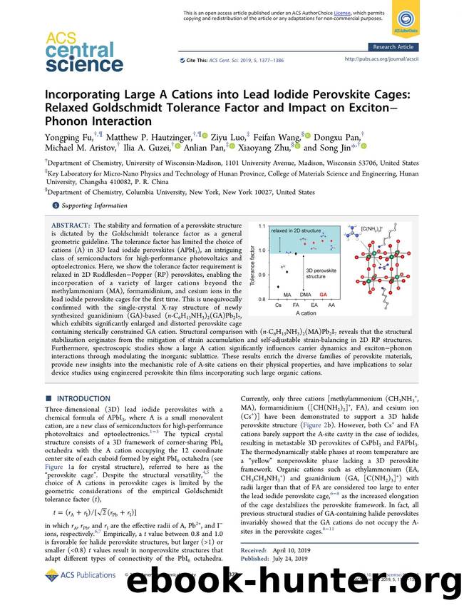 Incorporating Large A Cations into Lead Iodide Perovskite Cages: Relaxed Goldschmidt Tolerance Factor and Impact on ExcitonâPhonon Interaction by unknow