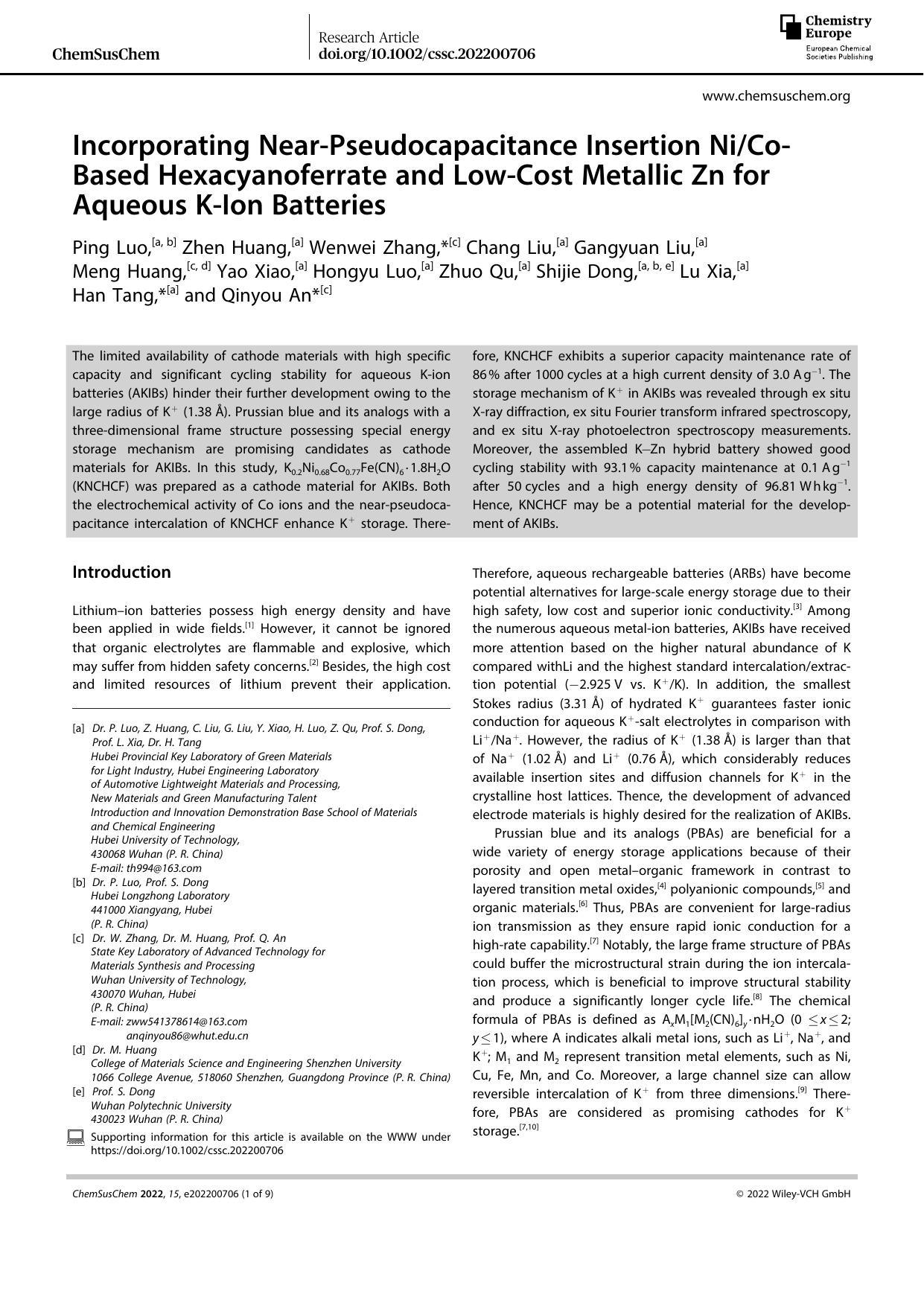 Incorporating NearâPseudocapacitance Insertion NiCoâBased Hexacyanoferrate and LowâCost Metallic Zn for Aqueous KâIon Batteries by Unknown