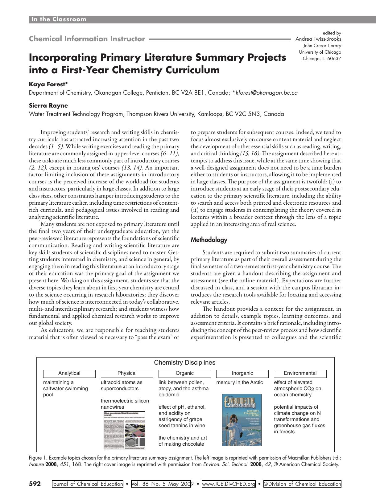 Incorporating Primary Literature Summary Projects into a First-Year Chemistry Curriculum by Kaya Forest and Sierra Rayne