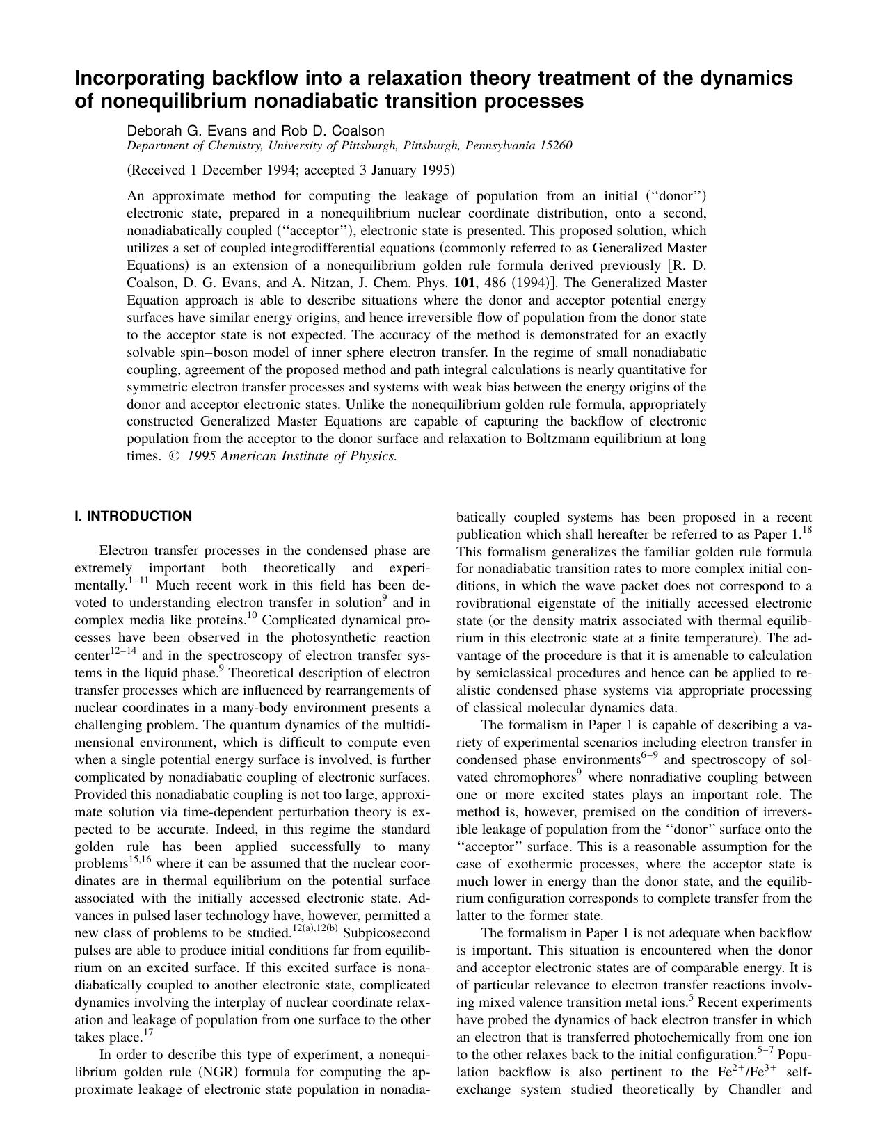 Incorporating backflow into a relaxation theory treatment of the dynamics of nonequilibrium nonadiabatic transition processes by Deborah G. Evans and Rob D. Coalson
