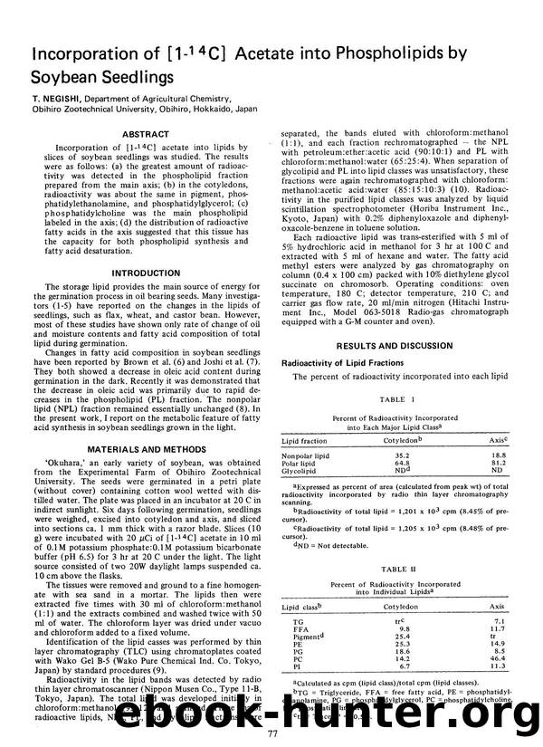 Incorporation of [1- <Superscript>14 <Superscript>C] acetate into phospholipids by soybean seedlings by Unknown
