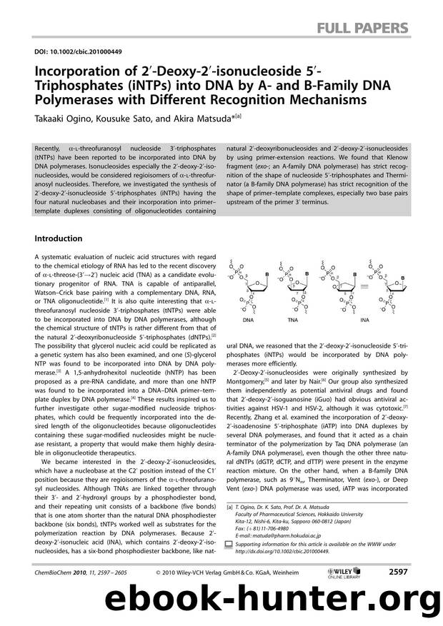 Incorporation of 2Deoxy2isonucleoside 5Triphosphates (iNTPs) into DNA by A and BFamily DNA Polymerases with Different Recognition Mechanisms by Unknown