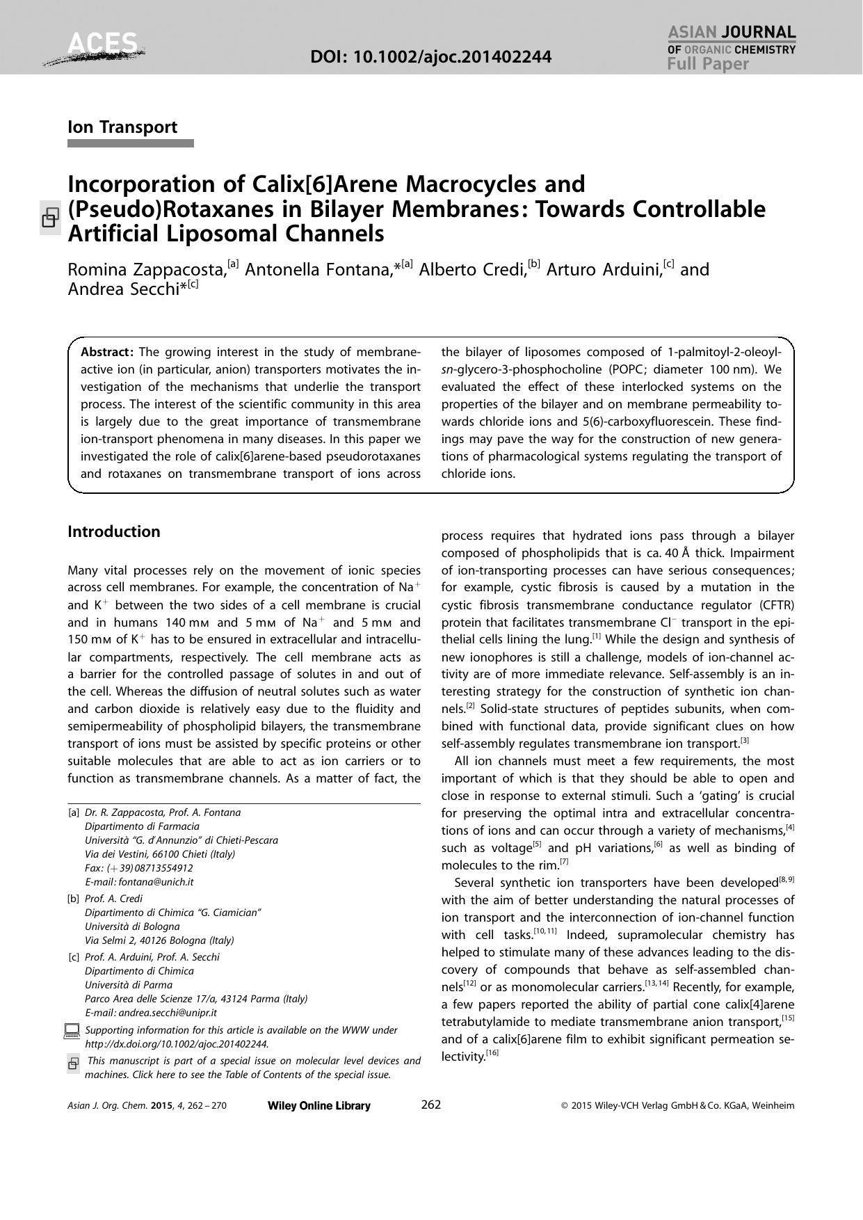 Incorporation of Calix[6]Arene Macrocycles and (Pseudo)Rotaxanes in Bilayer Membranes: Towards Controllable Artificial Liposomal Channels by Unknown