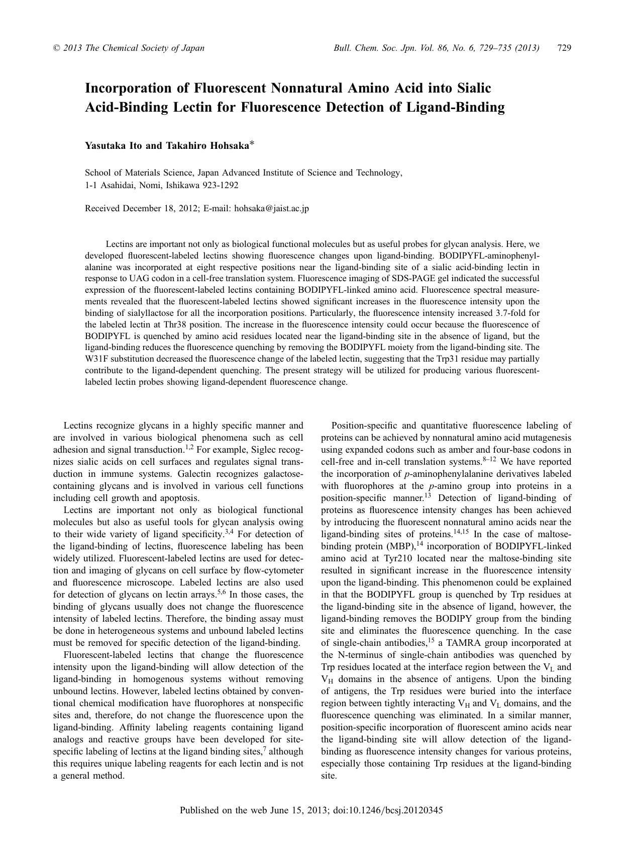 Incorporation of Fluorescent Nonnatural Amino Acid into Sialic Acid-Binding Lectin for Fluorescence Detection of Ligand-Binding by Yasutaka Ito Takahiro Hohsaka