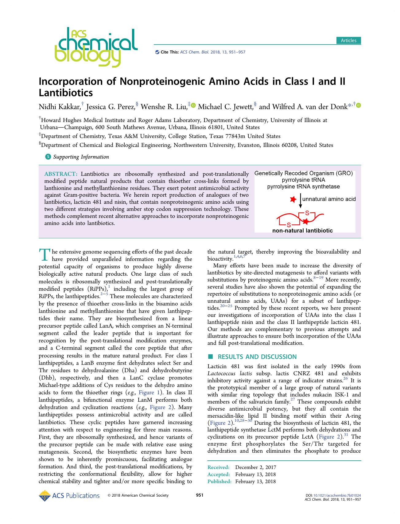 Incorporation of Nonproteinogenic Amino Acids in Class I and II Lantibiotics by Nidhi Kakkar Jessica G. Perez Wenshe R. Liu Michael C. Jewett and Wilfred A. van der Donk