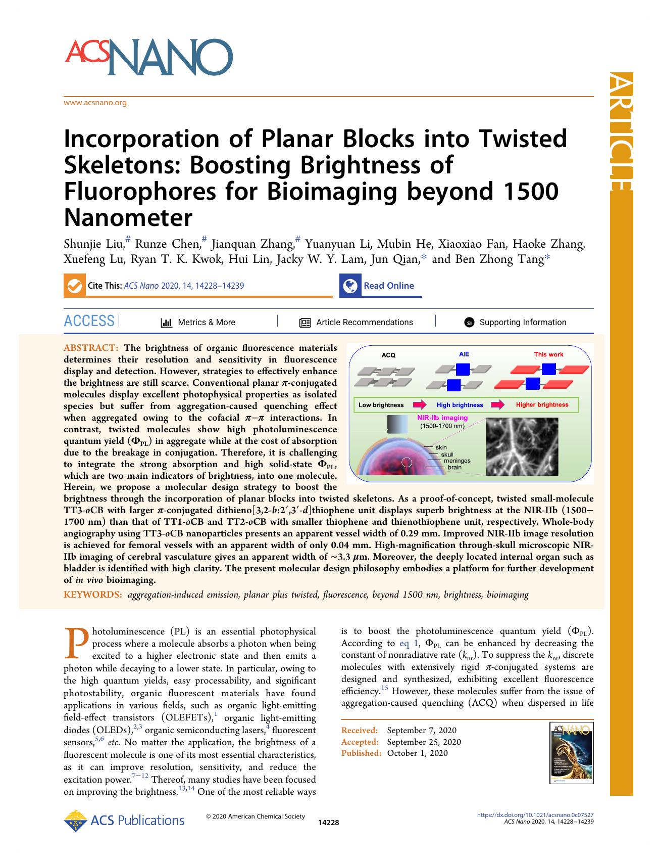 Incorporation of Planar Blocks into Twisted Skeletons: Boosting Brightness of Fluorophores for Bioimaging beyond 1500 Nanometer by unknow