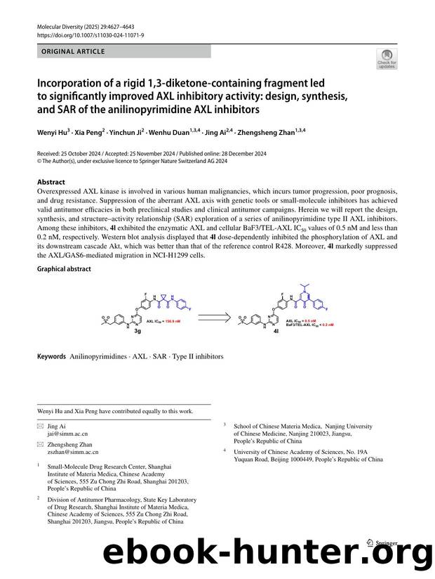Incorporation of a rigid 1,3-diketone-containing fragment led to significantly improved AXL inhibitory activity: design, synthesis, and SAR of the anilinopyrimidine AXL inhibitors by Wenyi Hu & Xia Peng & Yinchun Ji & Wenhu Duan & Jing Ai & Zhengsheng Zhan