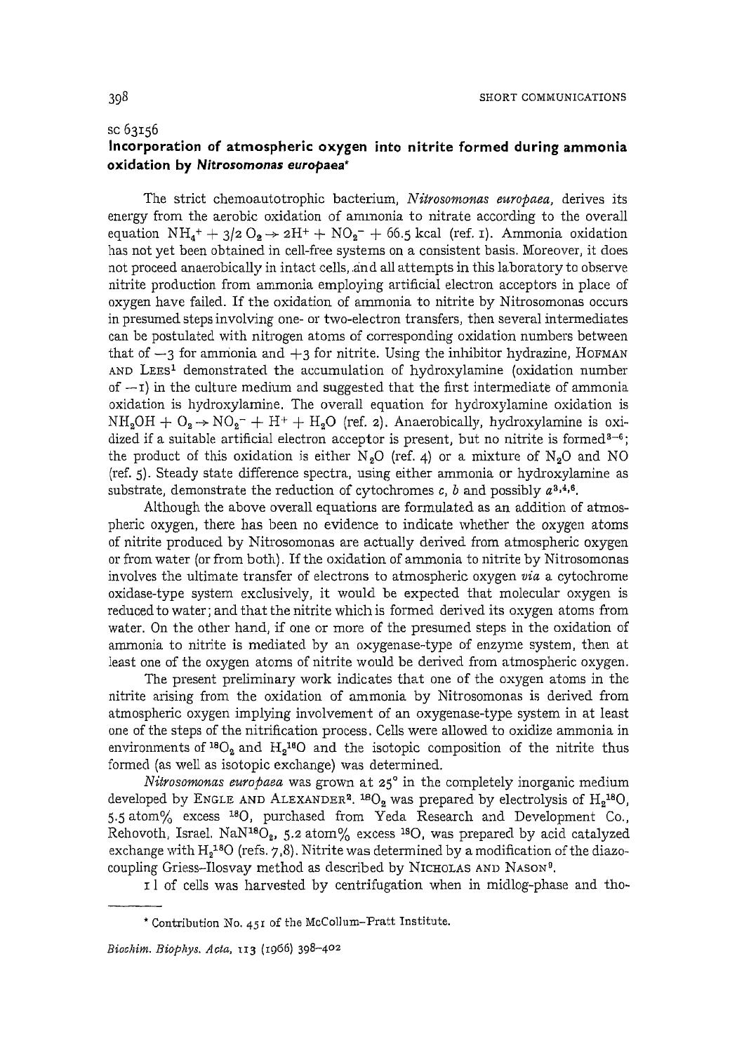 Incorporation of atmospheric oxygen into nitrite formed during ammonia oxidation by Nitrosomonas europaea by Michael Rees; Alvin Nason