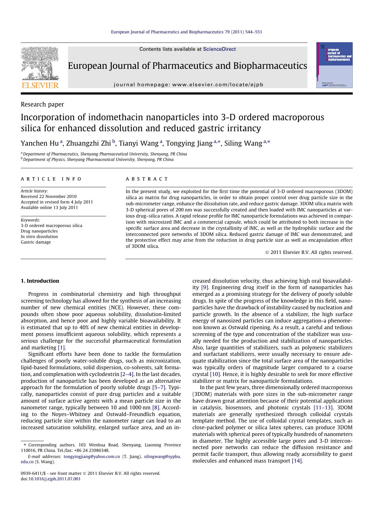 Incorporation of indomethacin nanoparticles into 3-D ordered macroporous silica for enhanced dissolution and reduced gastric irritancy by Yanchen Hu & Zhuangzhi Zhi & Tianyi Wang & Tongying Jiang & Siling Wang