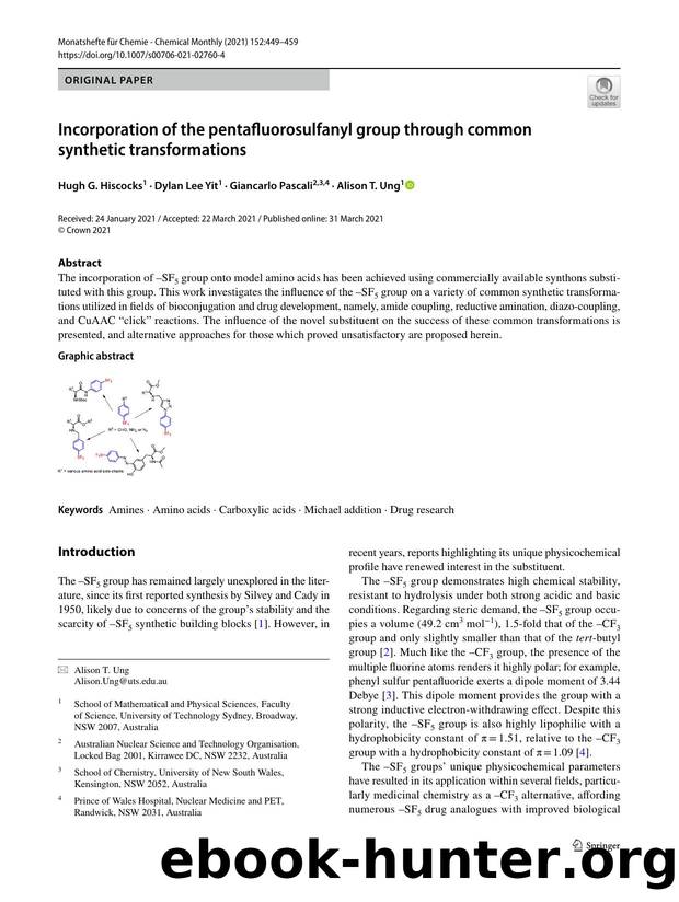 Incorporation of the pentafluorosulfanyl group through common synthetic transformations by Hugh G. Hiscocks & Dylan Lee Yit & Giancarlo Pascali & Alison T. Ung