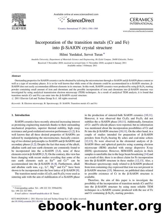 Incorporation of the transition metals (Cr and Fe) into ÃÂ²-SiAlON crystal structure by Hilmi Yurdakul