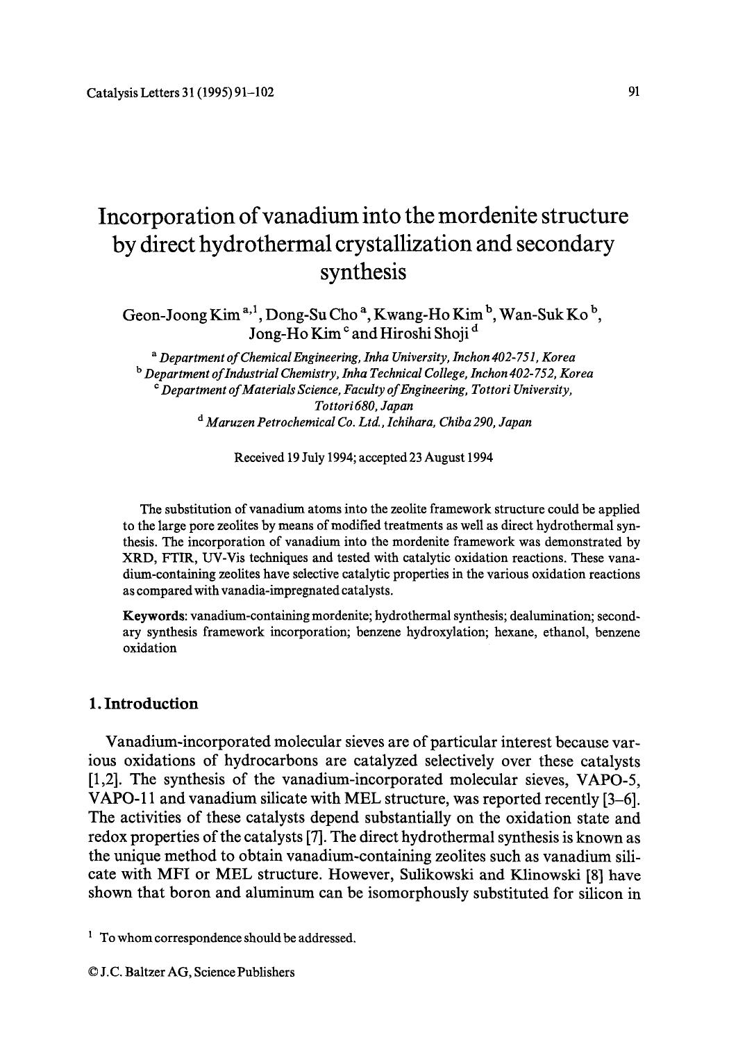 Incorporation of vanadium into the mordenite structure by direct hydrothermal crystallization and secondary synthesis by Unknown