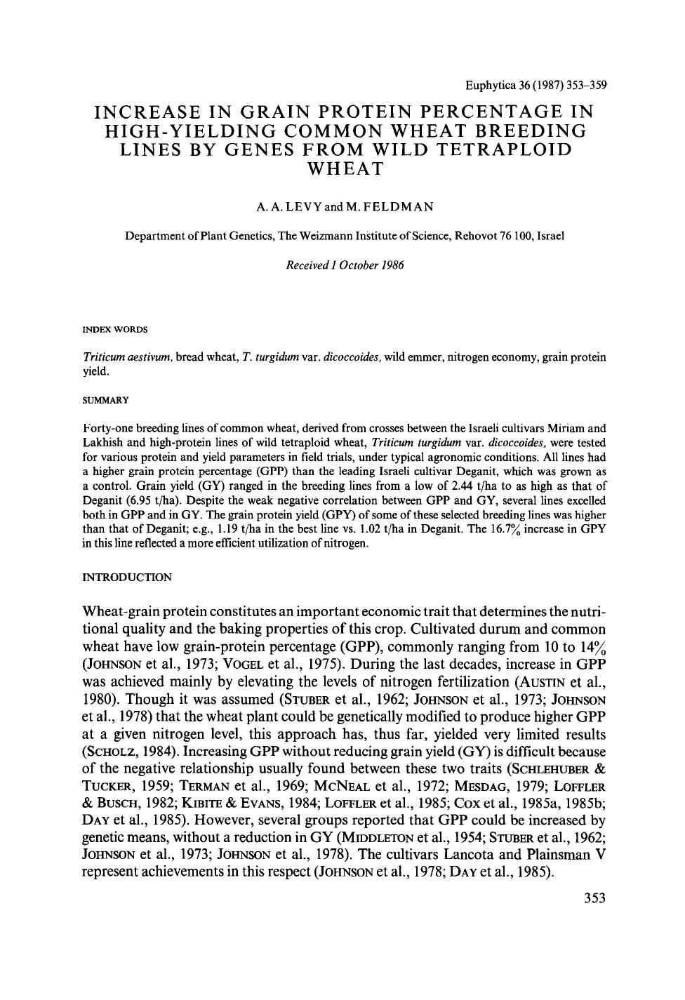 Increase in grain protein percentage in high-yielding common wheat breeding lines by genes from wild tetraploid wheat by Unknown