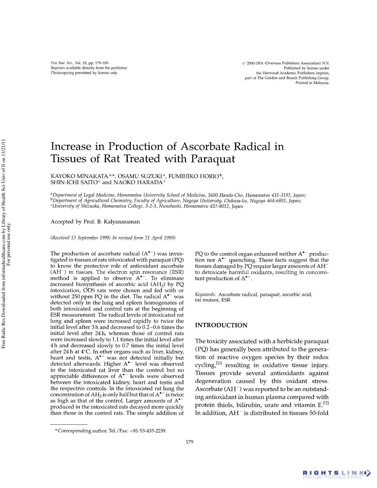 Increase in production of ascorbate radical in tissues of rat treated with paraquat by Kayoko Minakata Osamu Suzuki Fumihiko Horio Shin-Ichi Saito & Naoko Harada