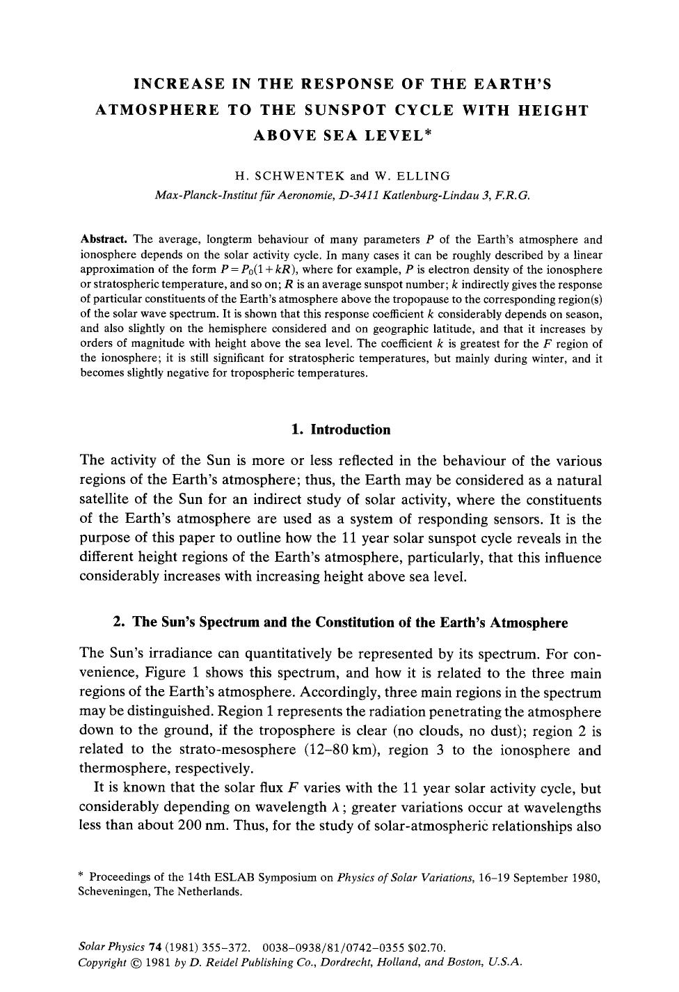Increase in the response of the Earth's atmosphere to the sunspot cycle with height above sea level by Unknown