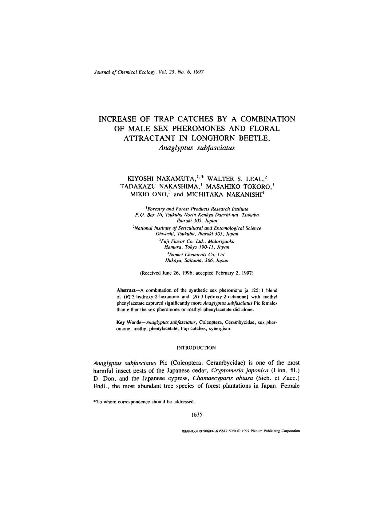 Increase of Trap Catches by a Combination of Male Sex Pheromones and Floral Attractant in Longhorn Beetle,<Emphasis Type="Italic">Anaglyptus subfasciatus<Emphasis> by Unknown