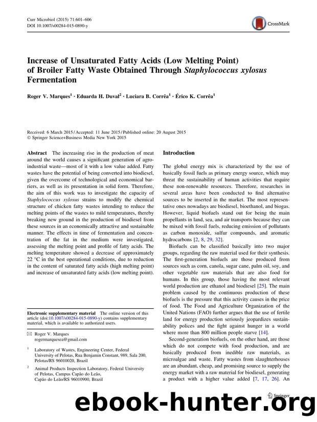Increase of Unsaturated Fatty Acids (Low Melting Point) of Broiler Fatty Waste Obtained Through Staphylococcus xylosus Fermentation by Roger V. Marques & Eduarda H. Duval & Luciara B. Corrêa & Érico K. Corrêa