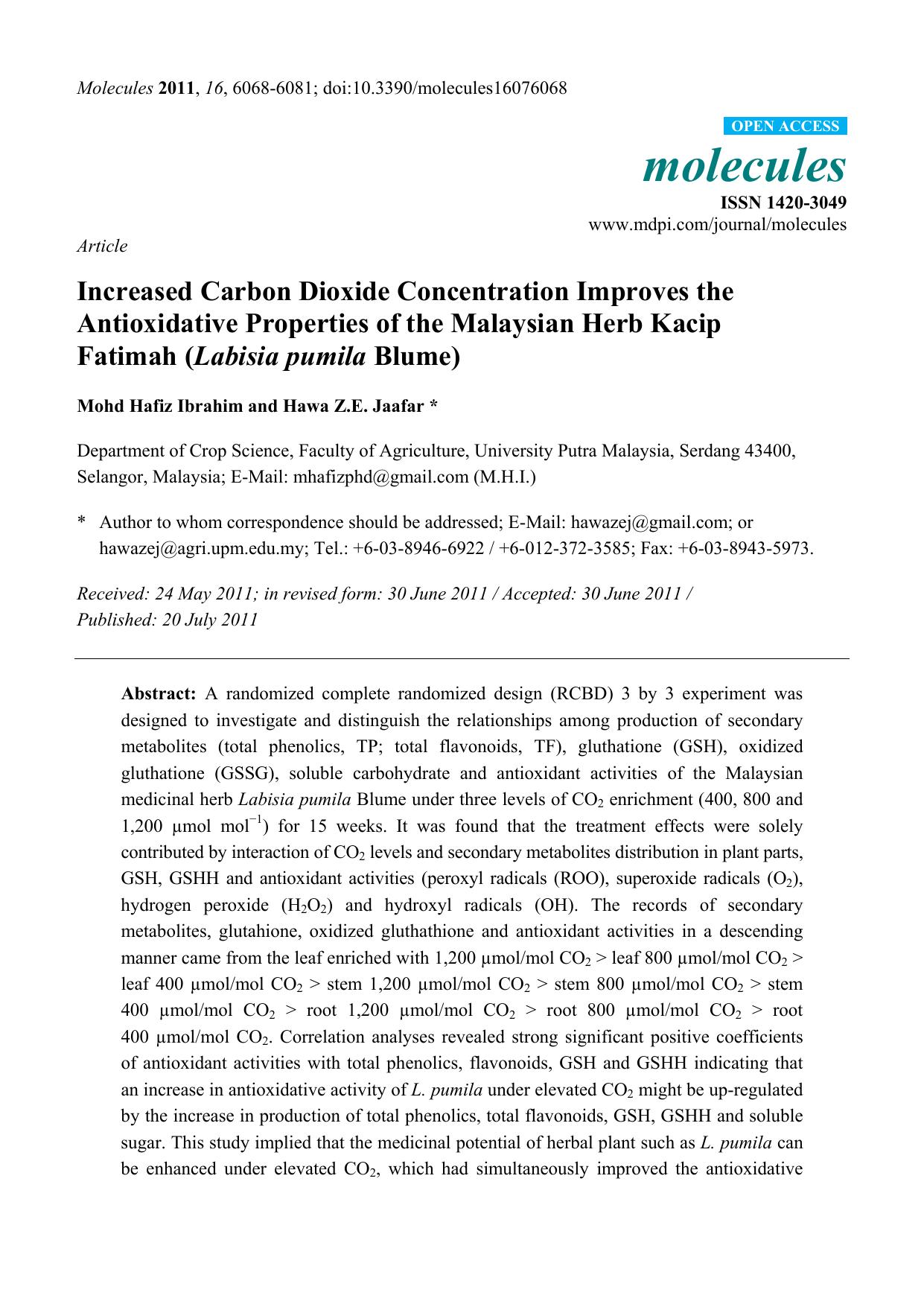 Increased Carbon Dioxide Concentration Improves the Antioxidative Properties of the Malaysian Herb Kacip Fatimah (Labisia pumila Blume) by Mohd Hafiz Ibrahim & Hawa Z.E. Jaafar