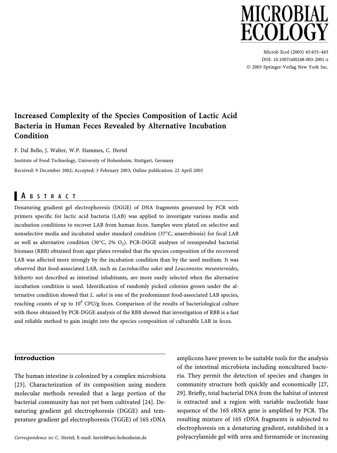 Increased Complexity of the Species Composition of Lactic Acid Bacteria in Human Feces Revealed by Alternative Incubation Condition by Dal Bello F. et al