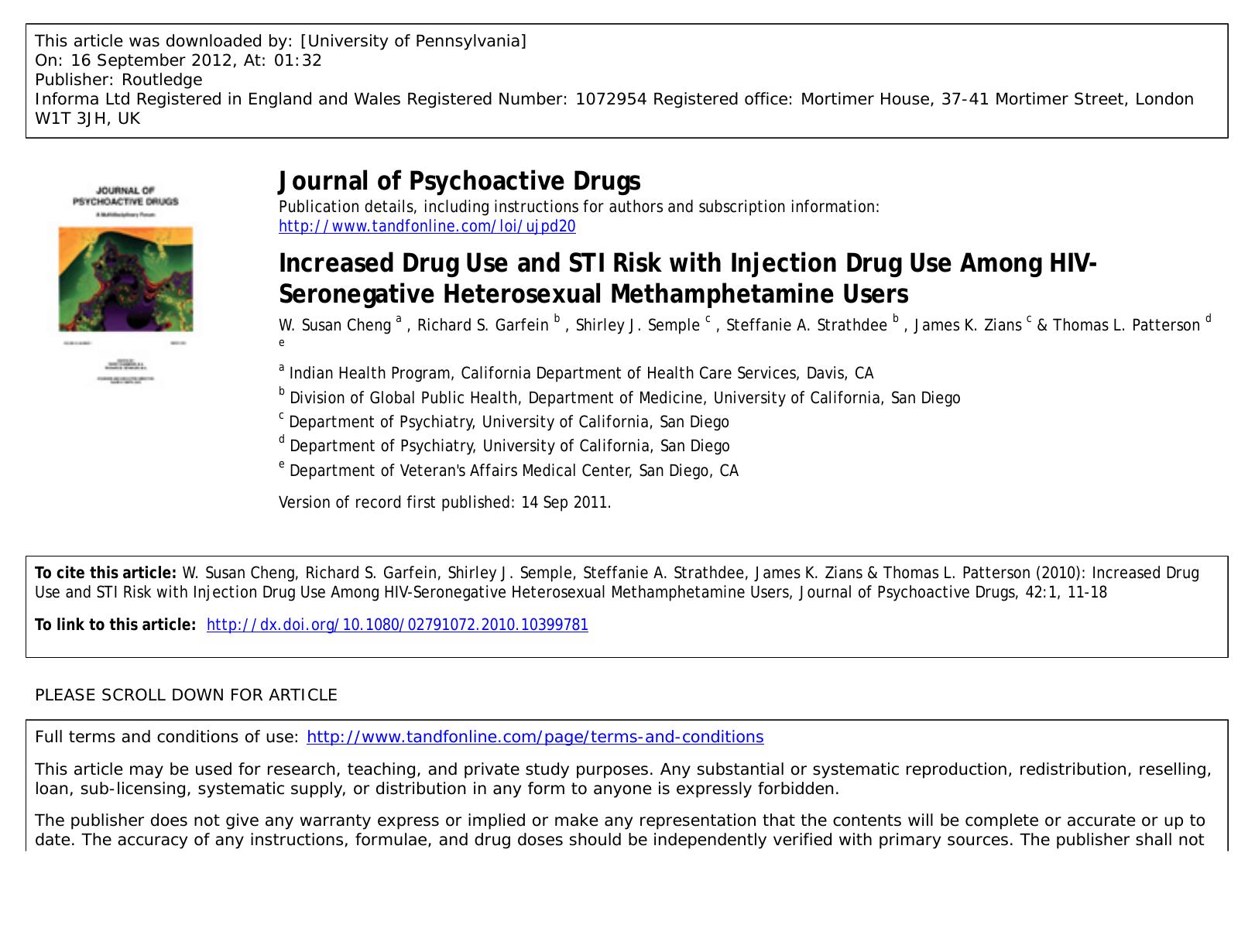 Increased Drug Use and STI Risk with Injection Drug Use Among HIV-Seronegative Heterosexual Methamphetamine Users by unknow
