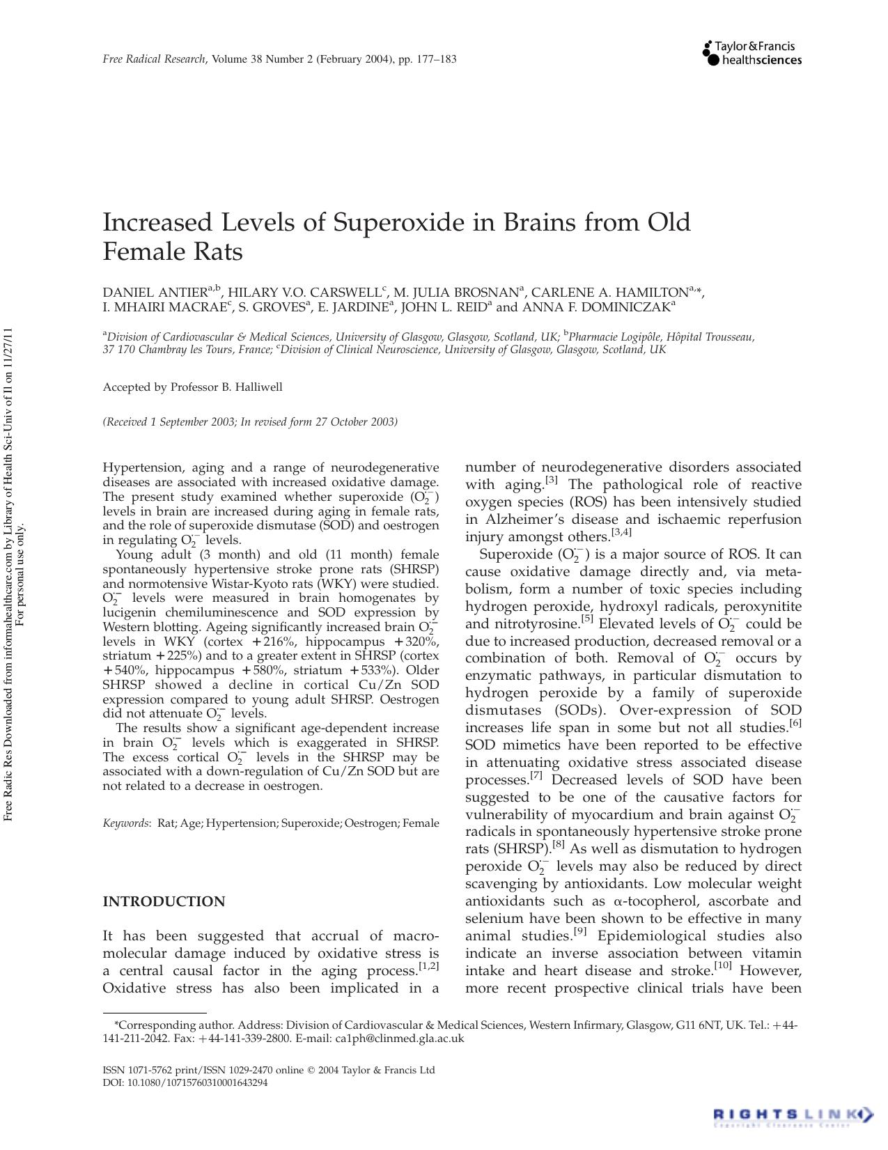 Increased Levels of Superoxide in Brains from Old Female Rats by unknow