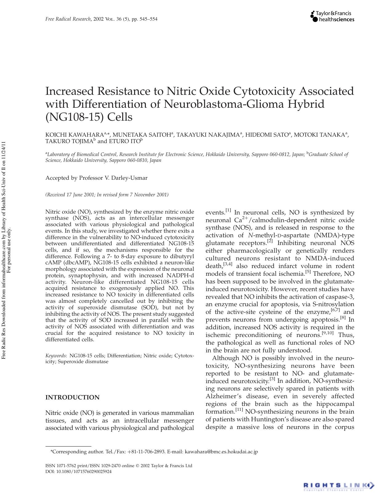 Increased Resistance to Nitric Oxide Cytotoxicity Associated with Differentiation of Neuroblastoma-Glioma Hybrid (NG108-15) Cells by unknow