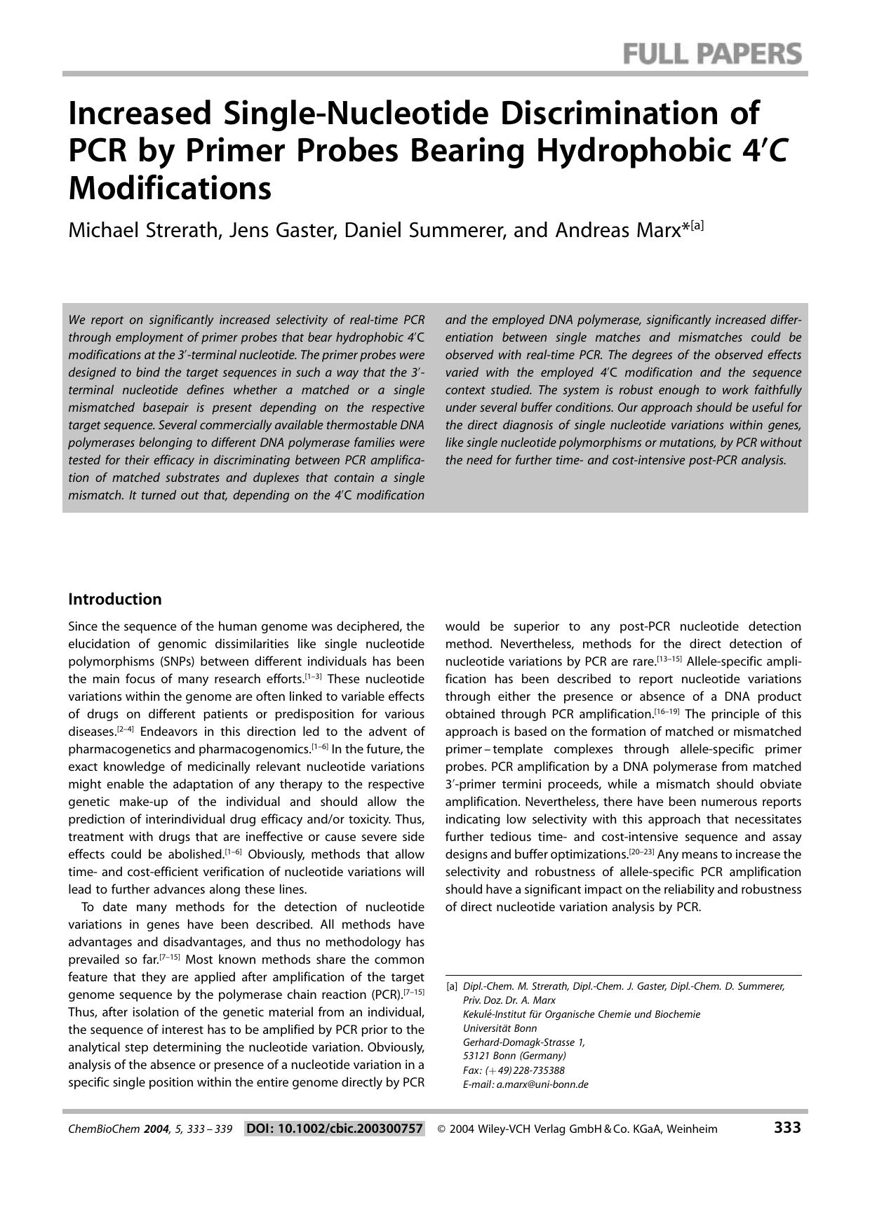 Increased Single-Nucleotide Discrimination of PCR by Primer Probes Bearing Hydrophobic 4[prime]C Modifications by Unknown