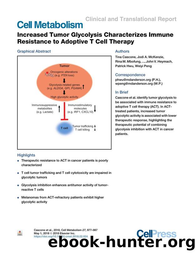 Increased Tumor Glycolysis Characterizes Immune Resistance to Adoptive T Cell Therapy by unknow