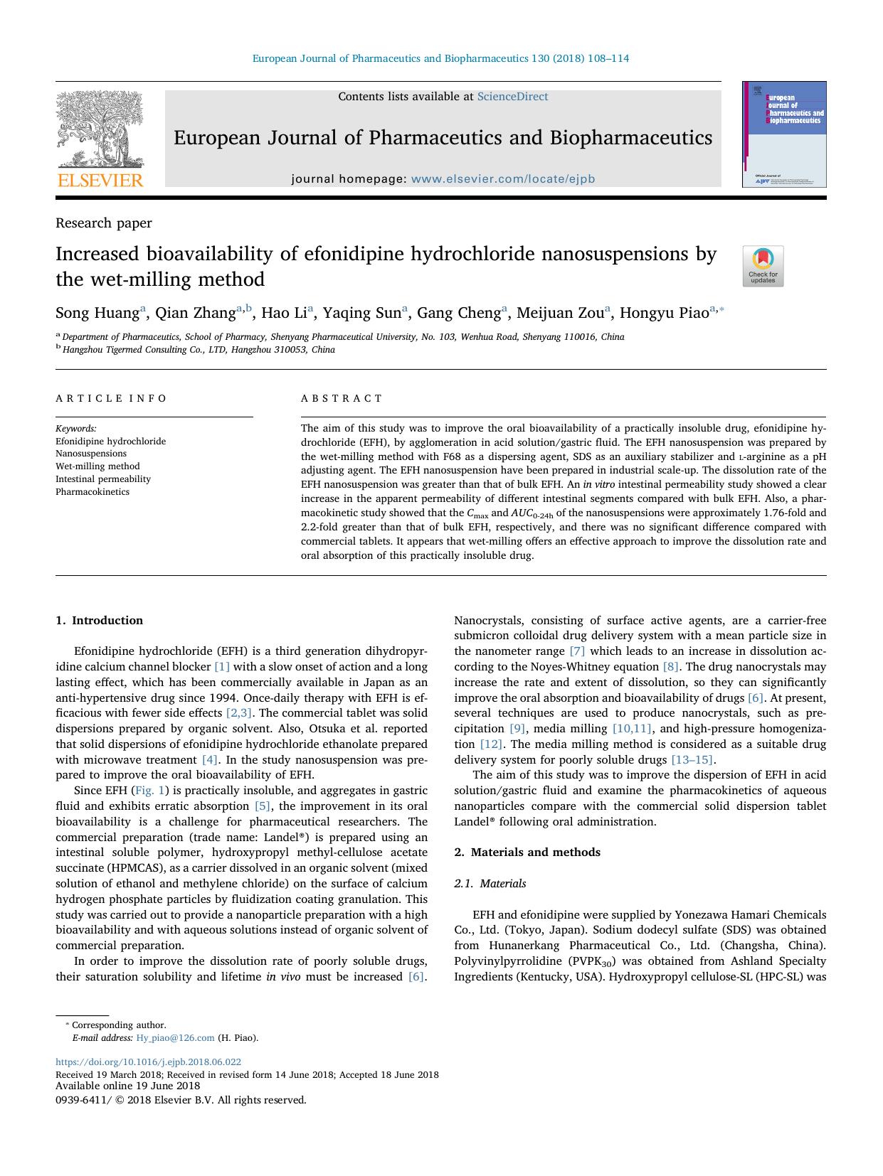 Increased bioavailability of efonidipine hydrochloride nanosuspensions by the wet-milling method by Song Huang & Qian Zhang & Hao Li & Yaqing Sun & Gang Cheng & Meijuan Zou & Hongyu Piao