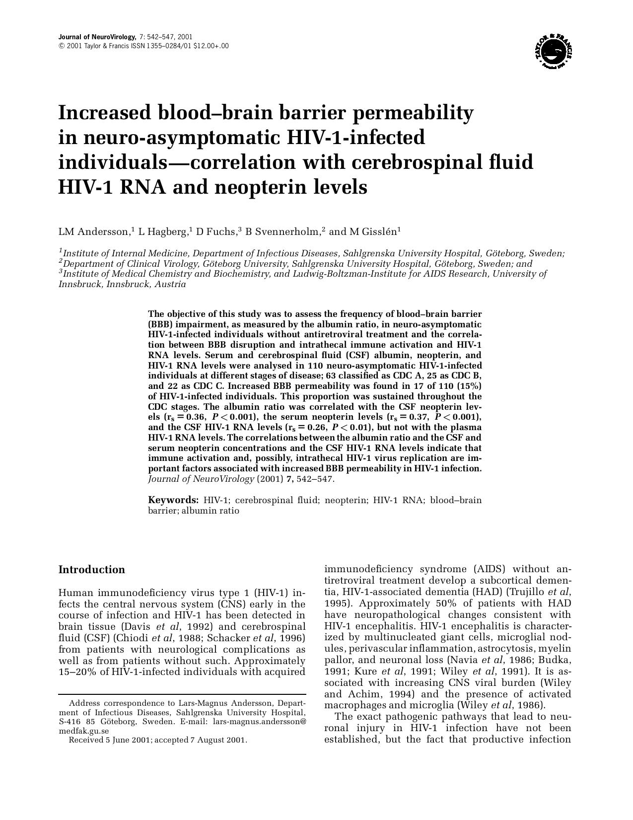 Increased blood-brain barrier permeability in neuro-asymptomatic HIV-1-infected individuals—correlation with cerebrospinal fluid HIV-1 RNA and neopterin levels by Unknown